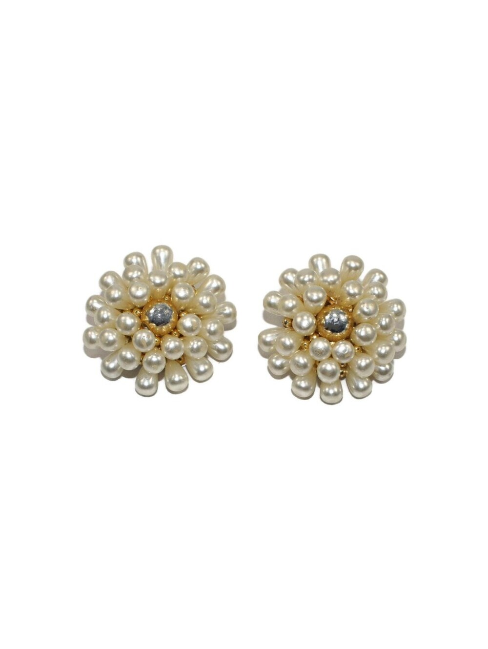 Vintage Silver Tone and Faux Pearls 3D Dome Clip on Earrings.